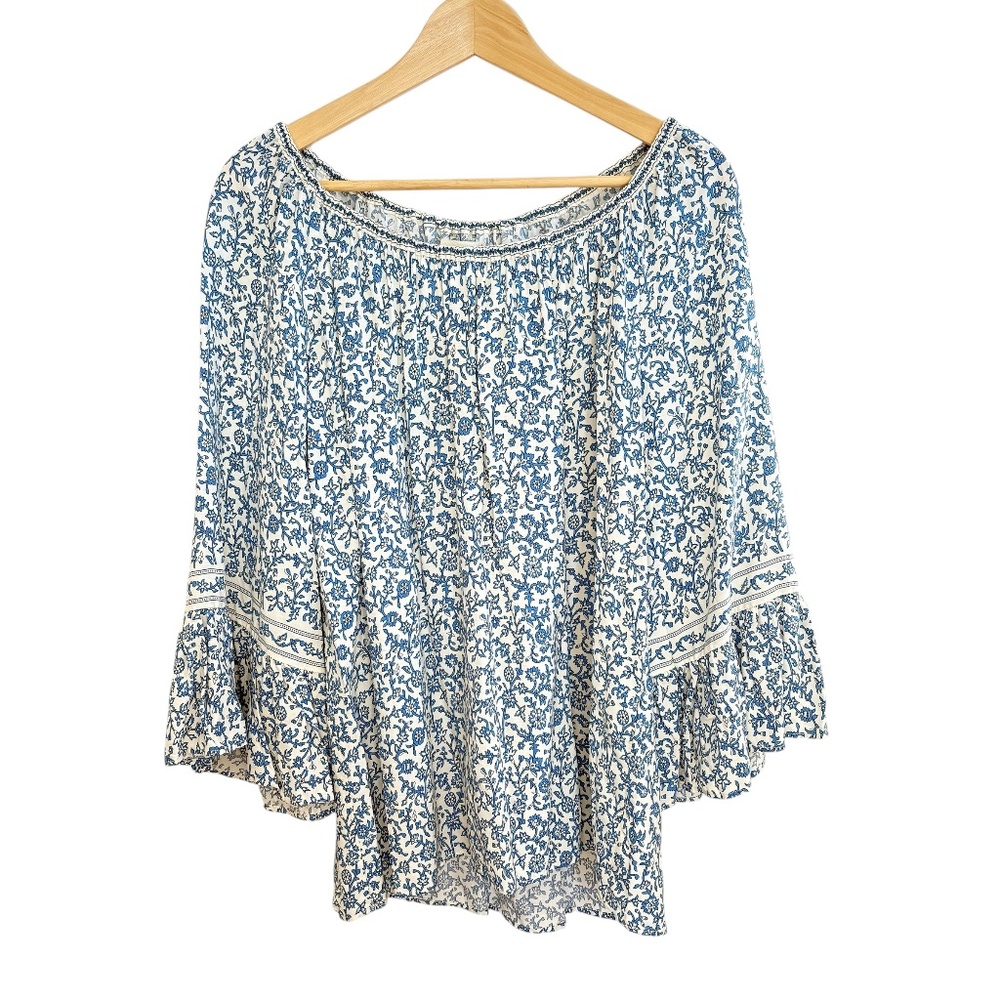 Max Studio Floral Peasant Blouse Blue White Bohemian Cottagecore Round Neck Sz M